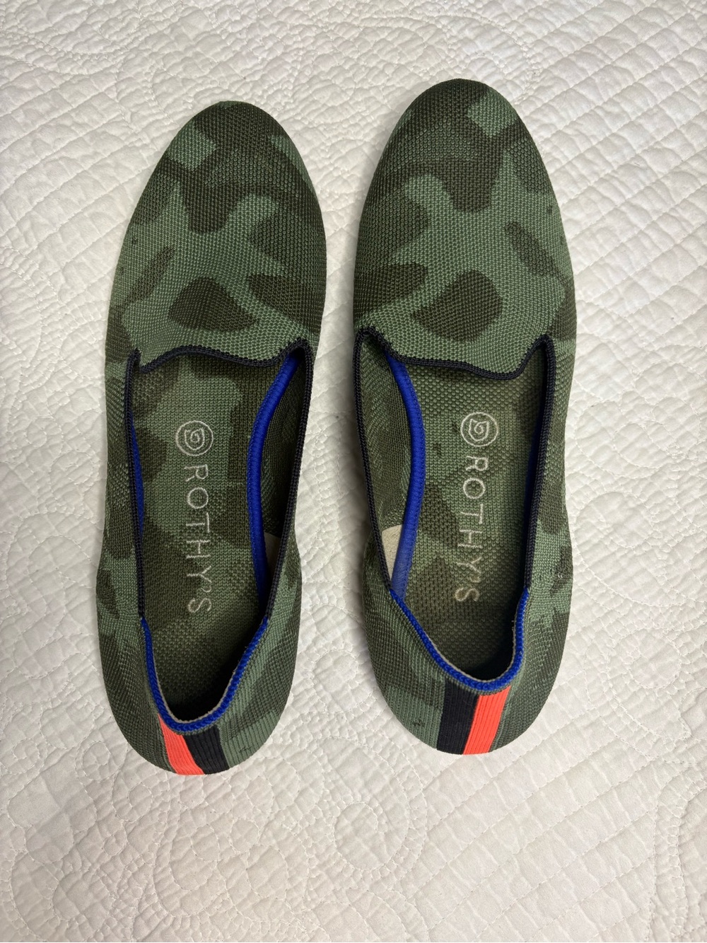Rothy's Green Camo Knit Slip-On Flats with Blue Trim and orange  Heel Stripe